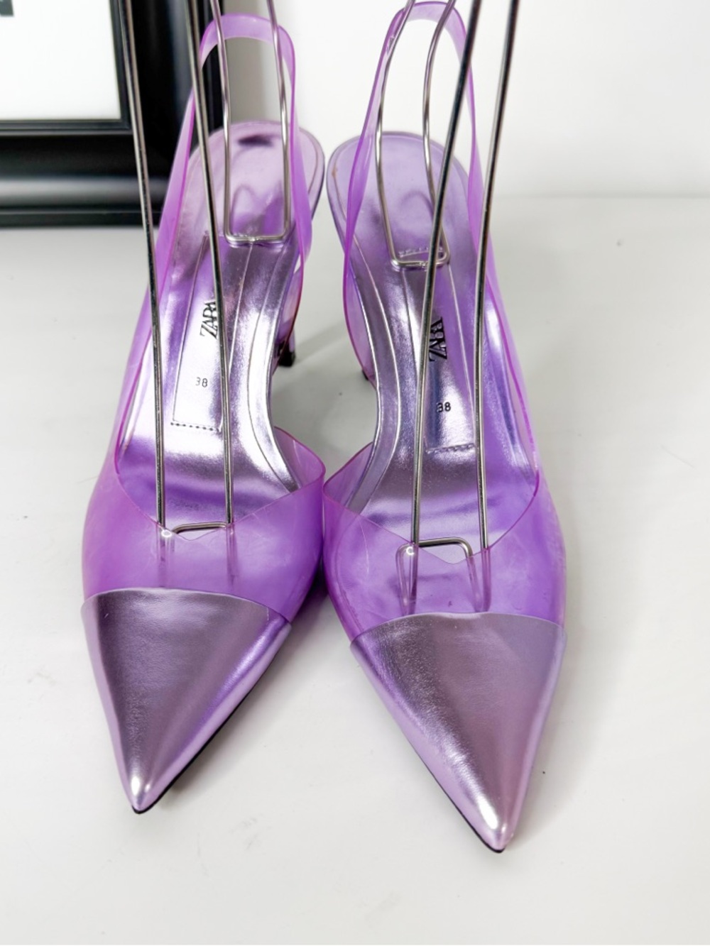 ZARA Purple Clear Slingback Heels Metallic Pointed Toe Stiletto Size 38 - Picture 2 of 8